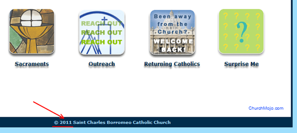 Example of StCharlesChurch.org with the wrong year on home page